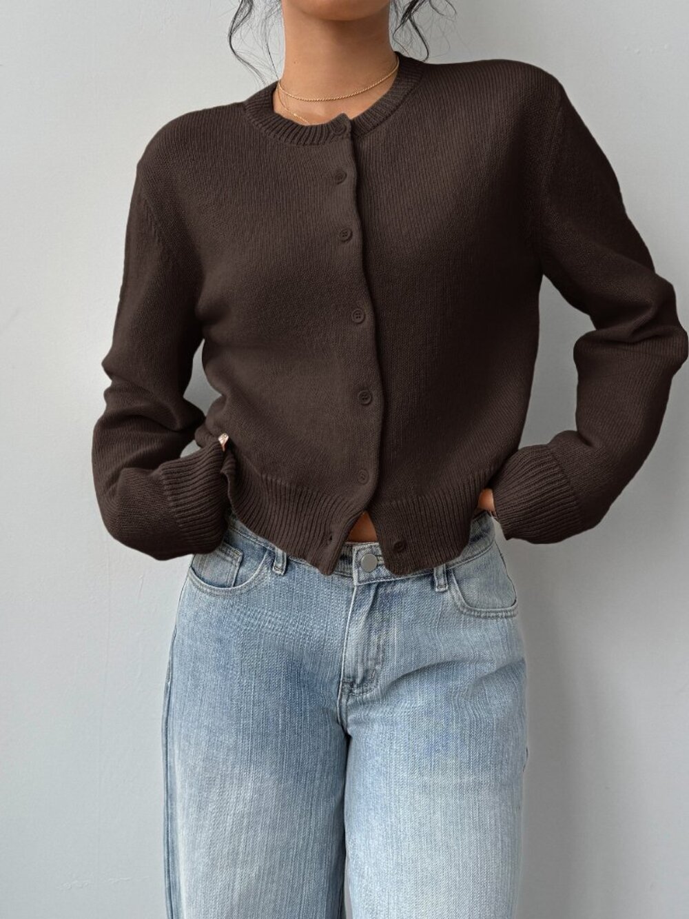 Coffee Brown Casual Women's Round Neck Long Sleeve Loose Cropped Cardigan